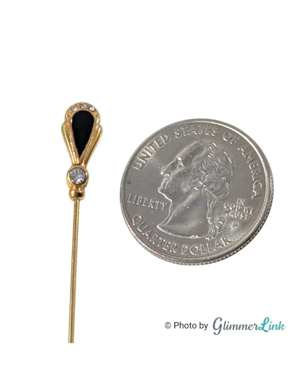 Vintage Gold Tone Black & Clear Rhinestone Art Deco Style Stick Pin
